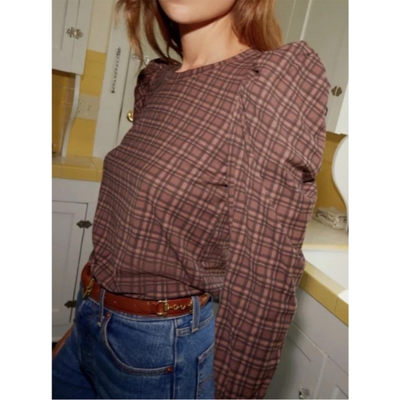 Nation LTD Tops - Nation LTD women’s Romy Brown Plaid puff sleeve top tartan plaid Blouse SZ LG